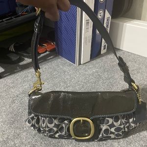 Navy blue patent leather and denim coach bag